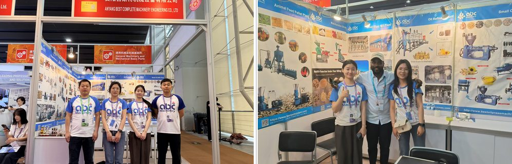Overseas buyers reading the grain milling process panel at booth 8.1H48