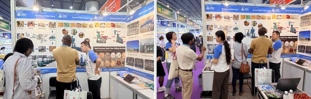 The ABC Machinery stand team at booth 8.1H48 with the booth plate above